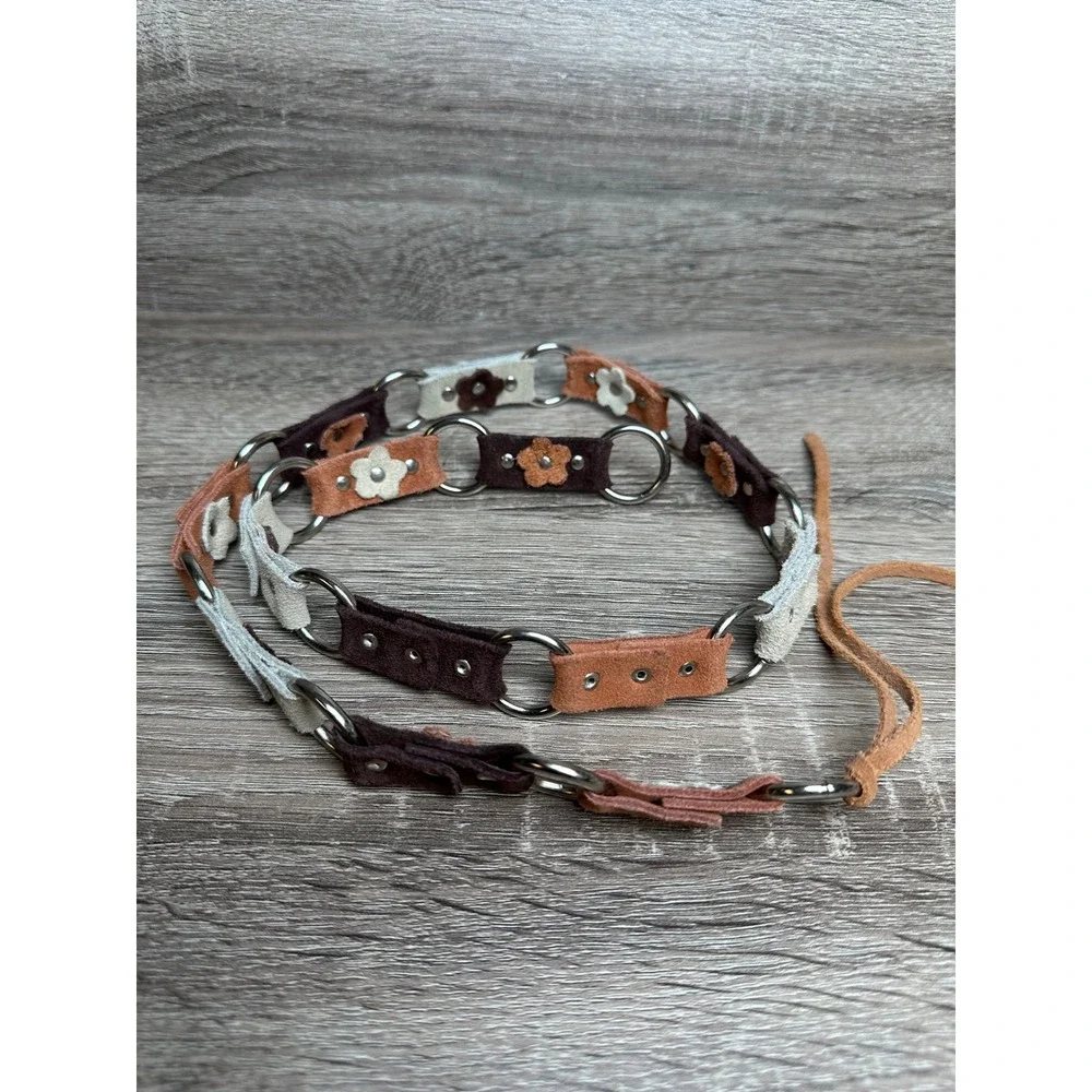Genuine Suede Leather Belt Link Flower Brown Tan Floral Boho Tie Waist S/M Retro